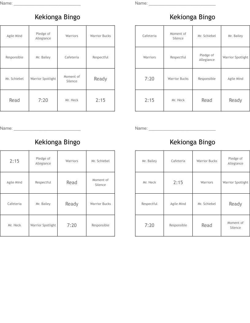 Kekionga Bingo