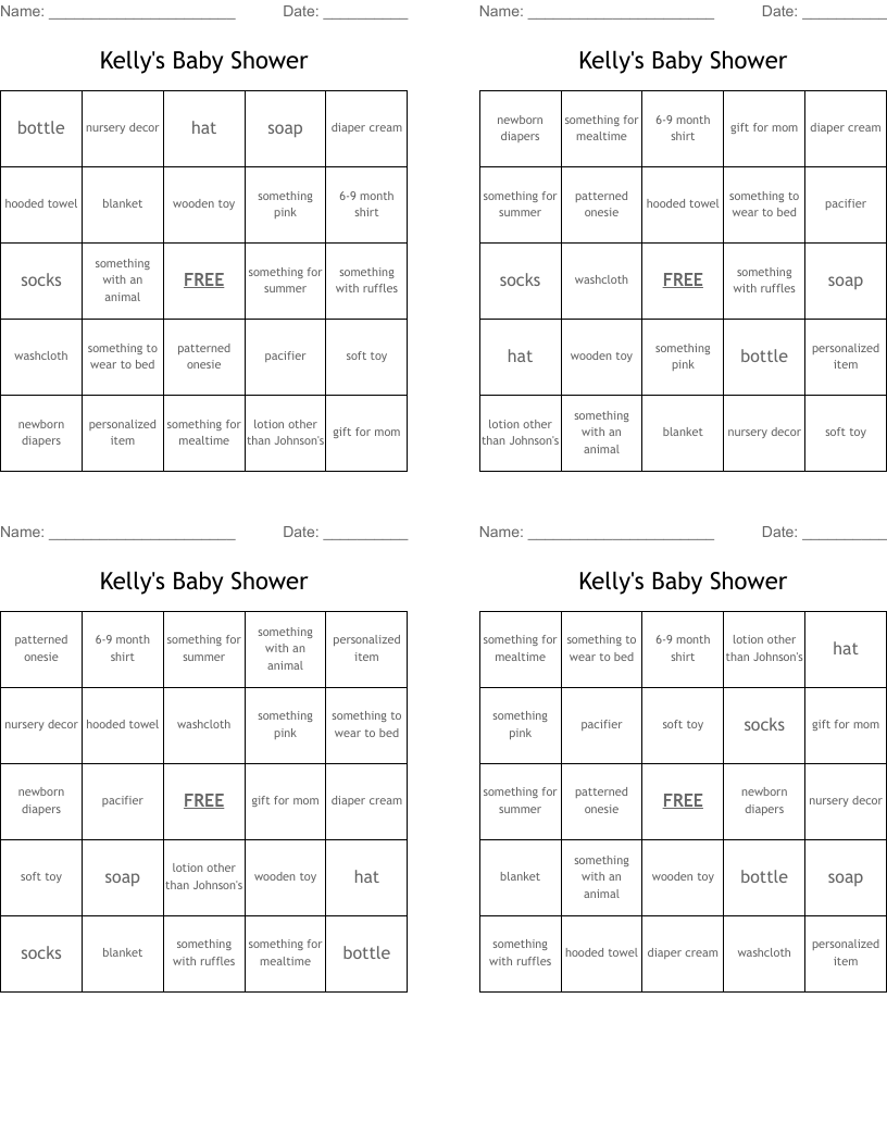 Kelly's Baby Shower Bingo Cards