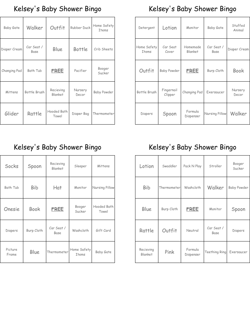 Kelsey's Baby Shower Bingo