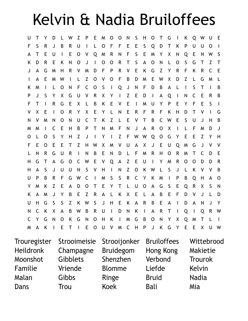 Kelvin & Nadia Bruiloffees Word Search