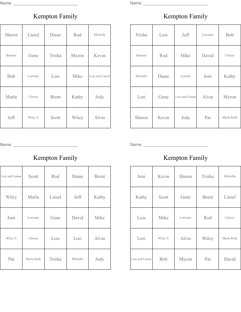 Kempton Family Bingo Cards