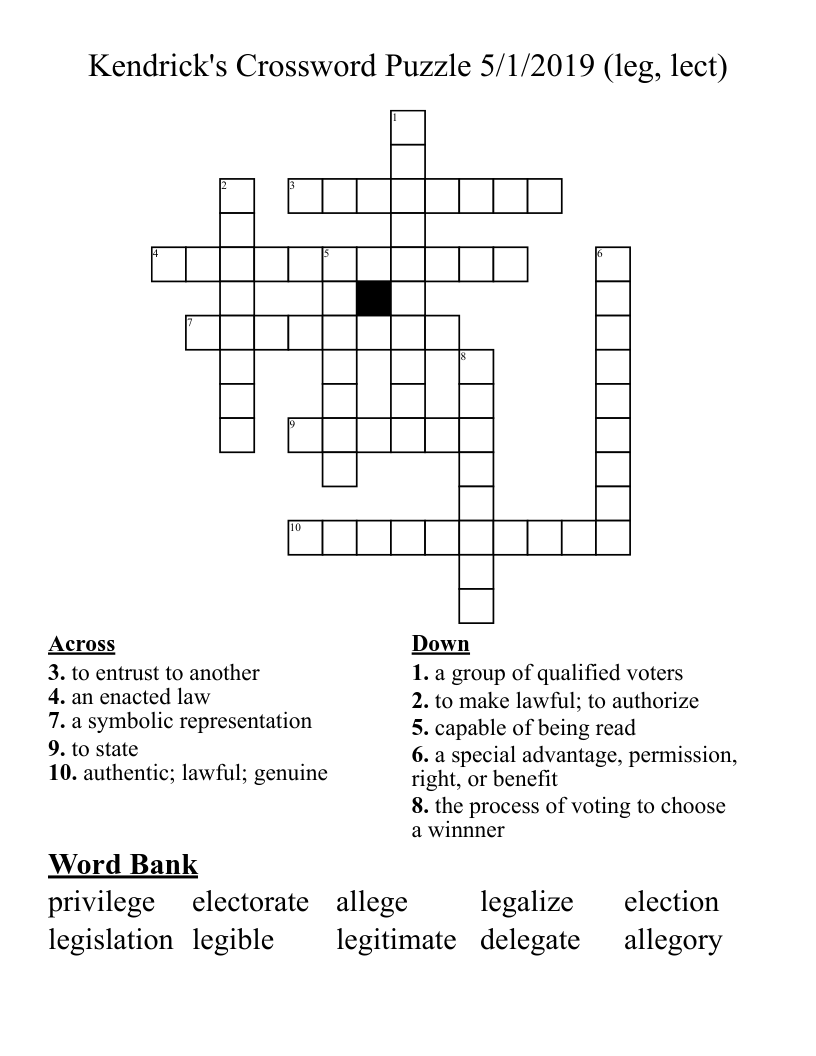 Kendrick's Crossword Puzzle 5/1/2019 (leg, lect) 