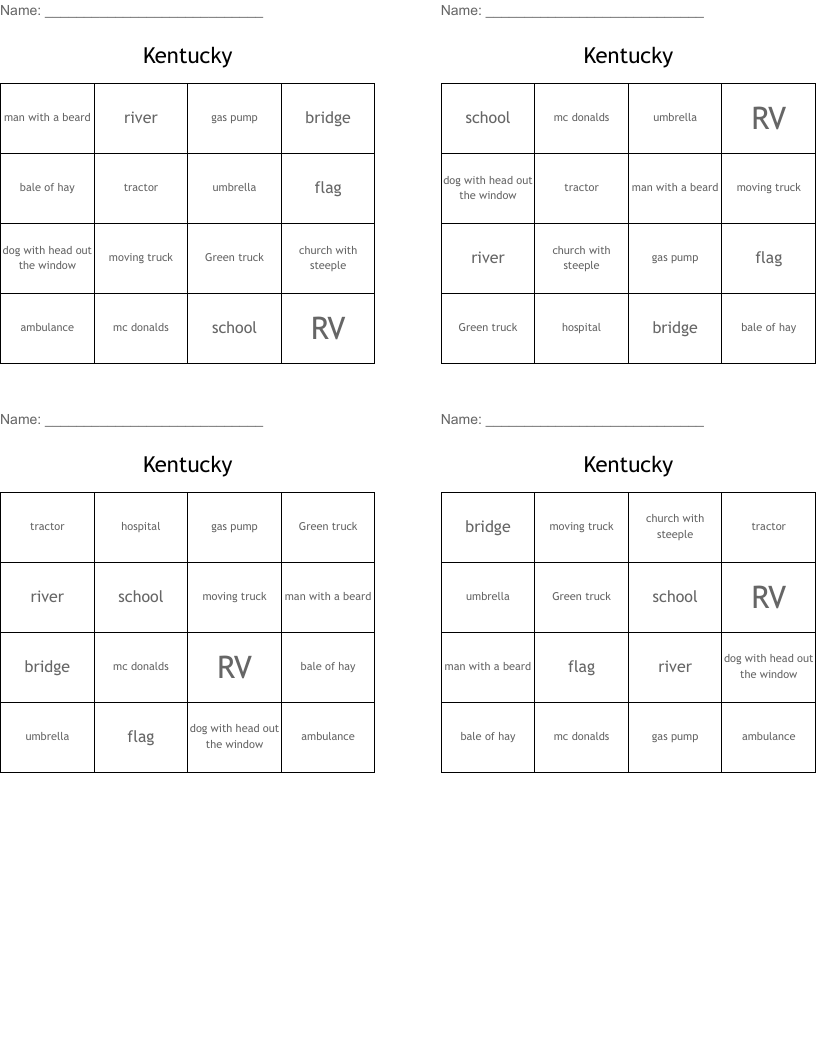 Kentucky Bingo Cards
