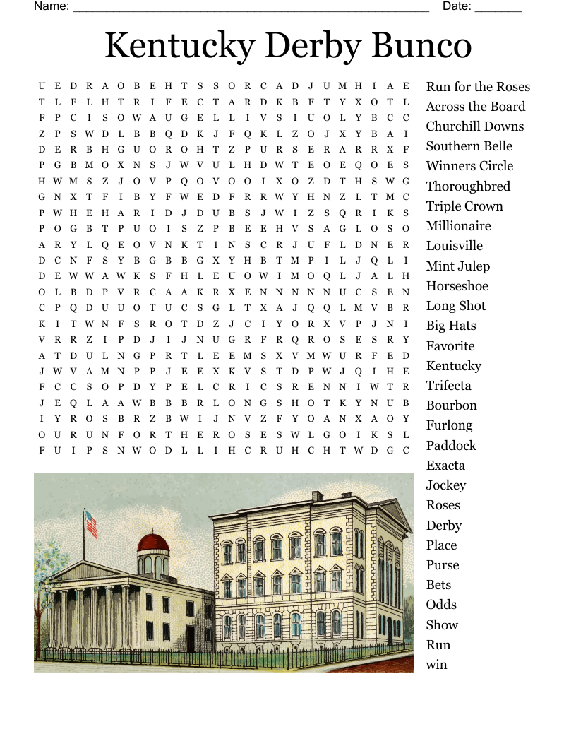 Kentucky Derby Bunco Word Search