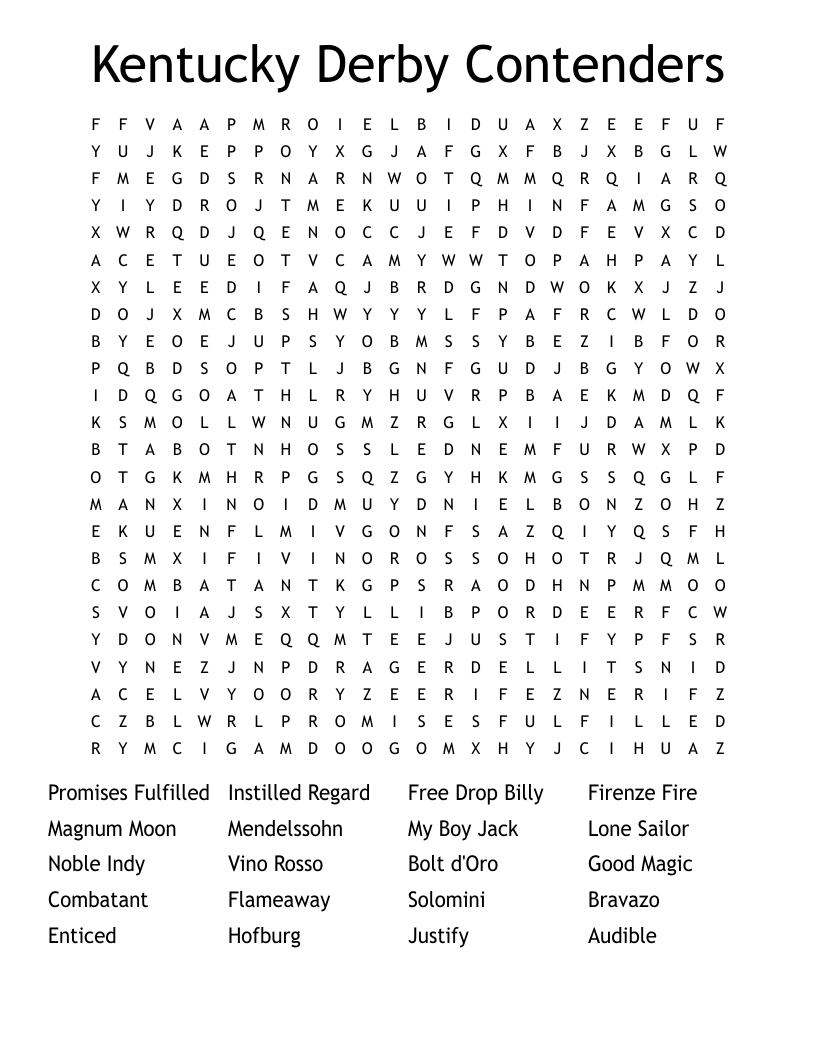 Kentucky Derby Contenders Word Search