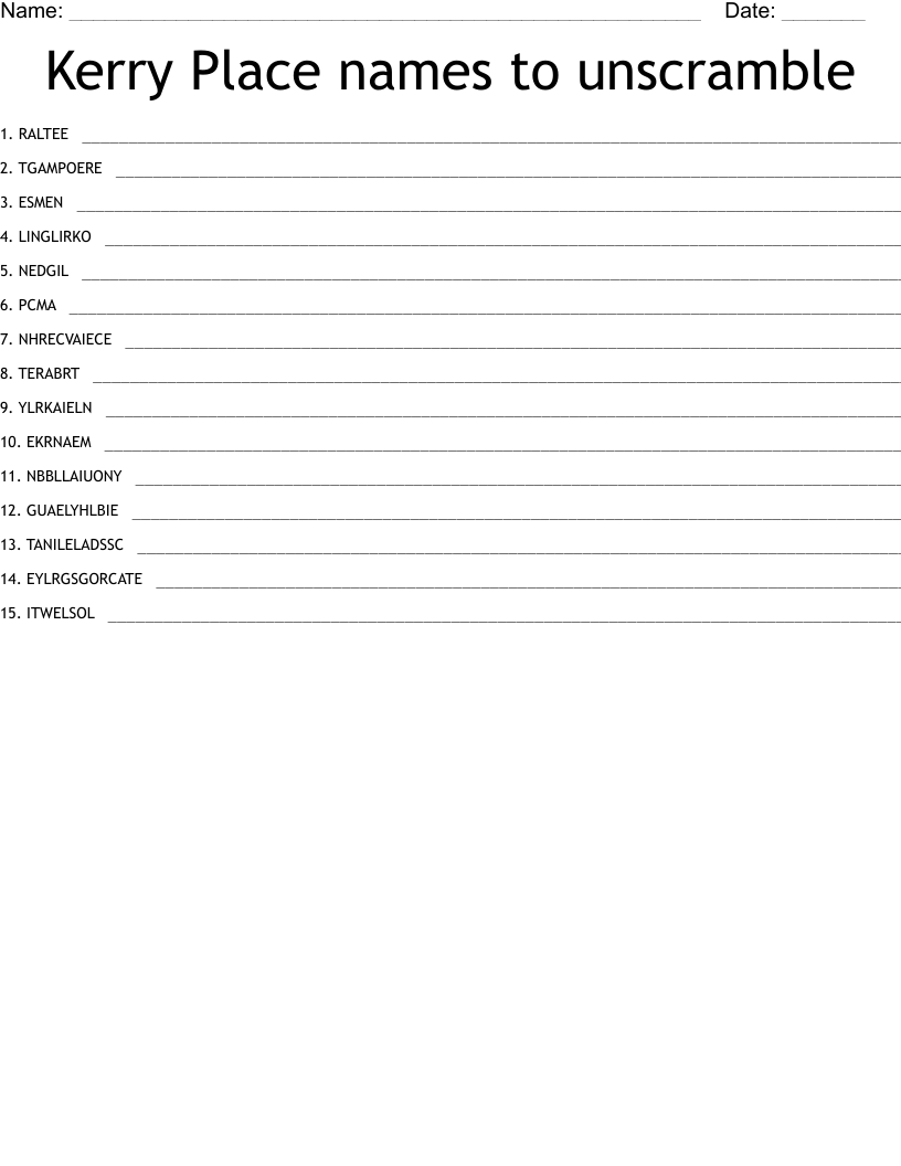Kerry Place names to unscramble