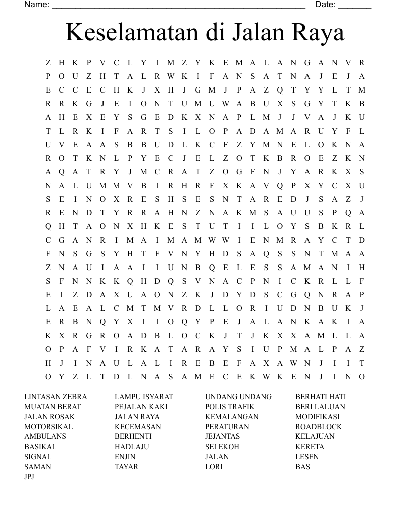 Keselamatan di Jalan Raya Word Search