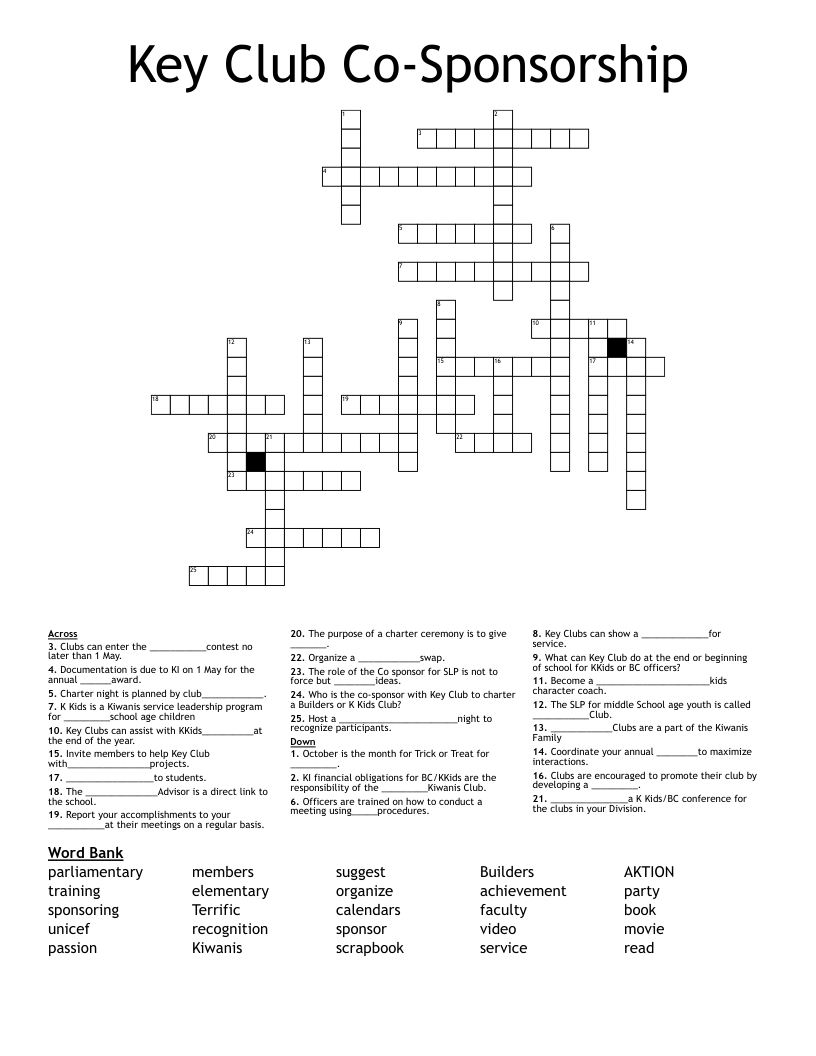 Key Club Co-Sponsorship Crossword