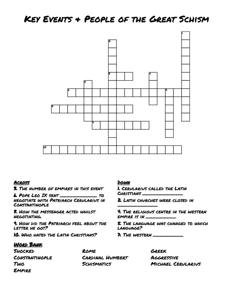Key Events & People of the Great Schism Crossword