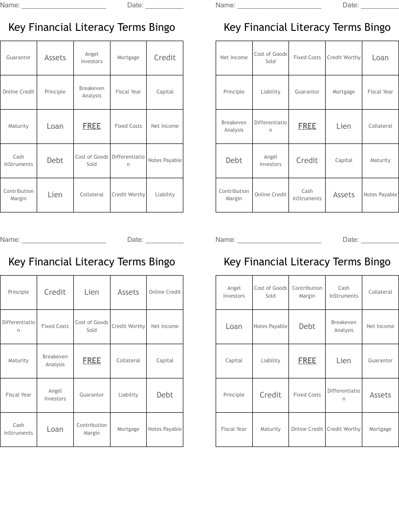 Key Financial Literacy Terms Bingo