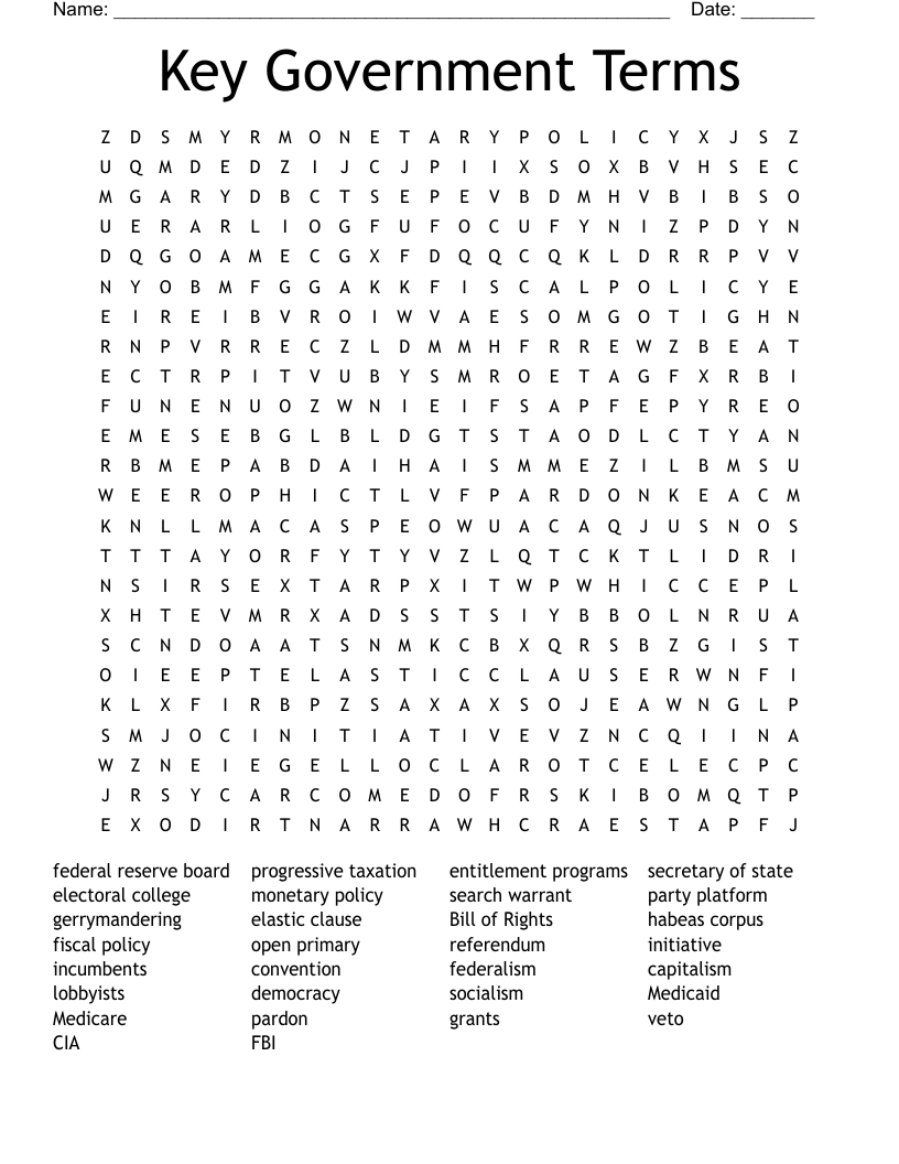 Key Government Terms Word Search