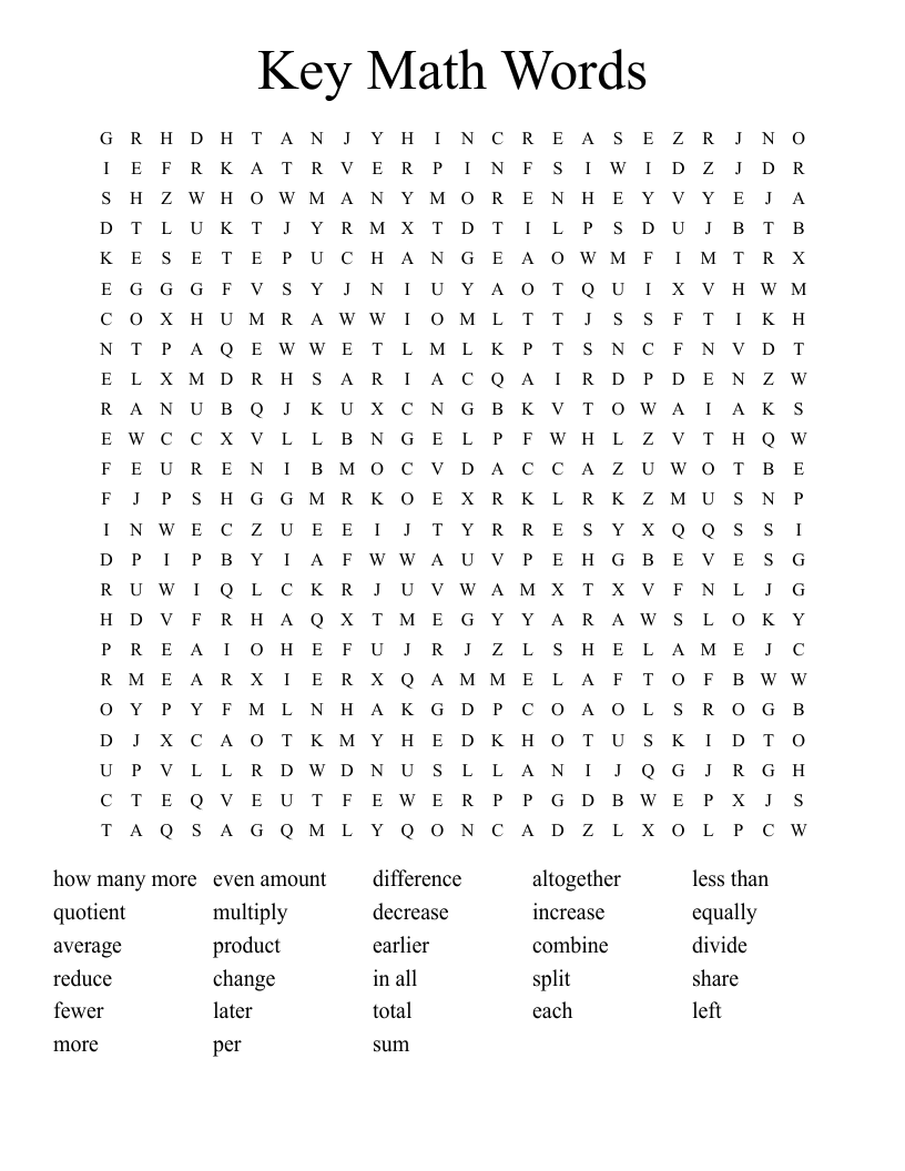 Key Math Words Word Search