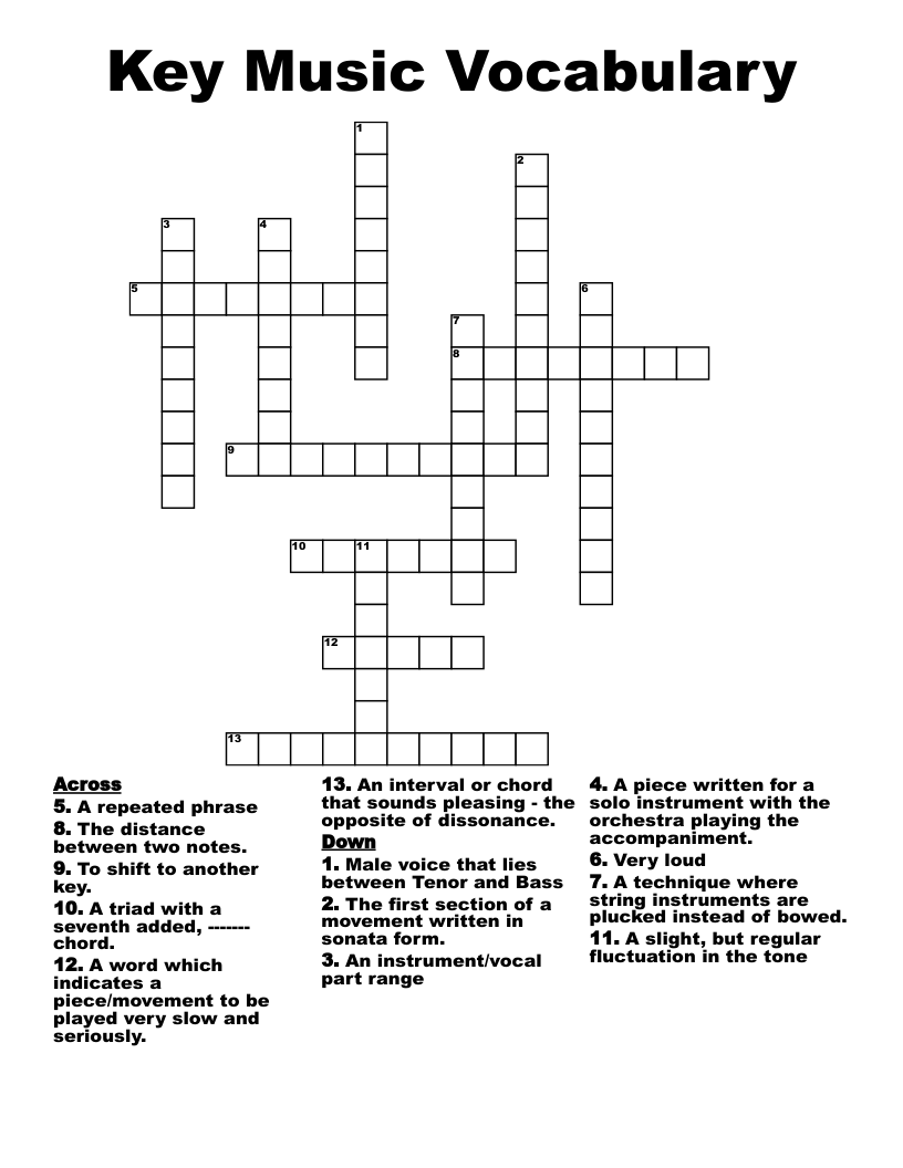 Key Music Vocabulary Crossword