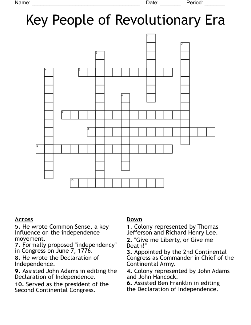 Key People of Revolutionary Era Crossword