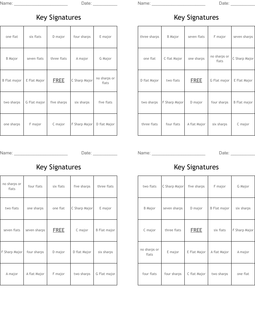 Key Signatures Bingo Cards