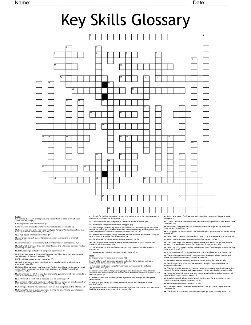 Key Skills Glossary Crossword