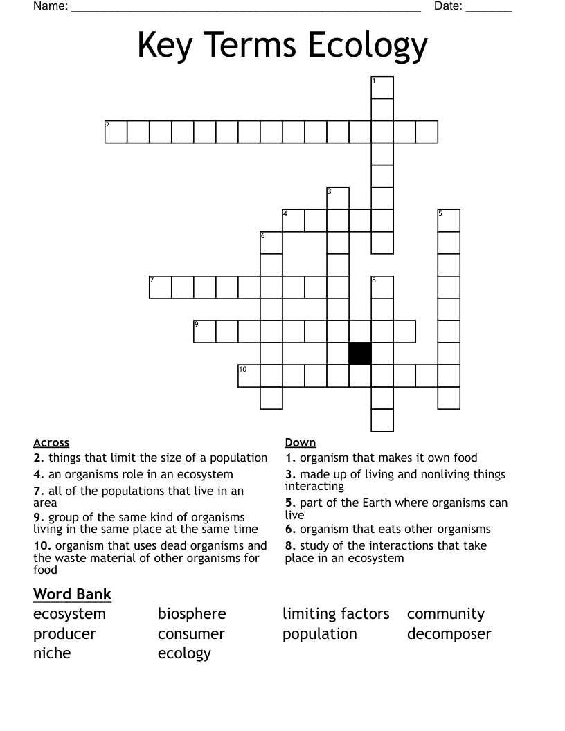 Key Terms Ecology Crossword