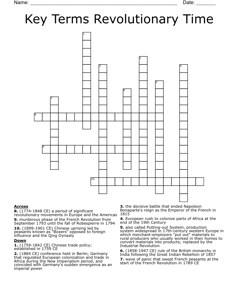 Key Terms Revolutionary Time Crossword