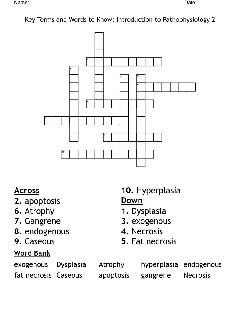 Key Terms and Words to Know: Introduction to Pathophysiology 2 Crossword
