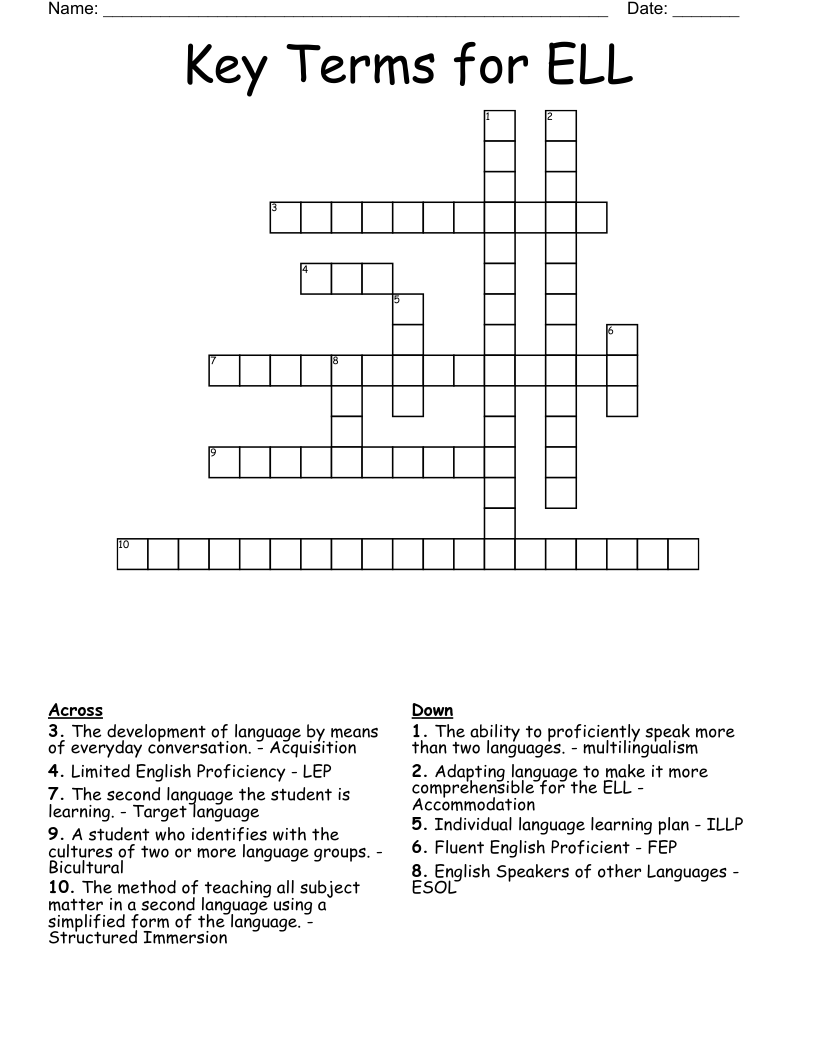 Key Terms for ELL Crossword
