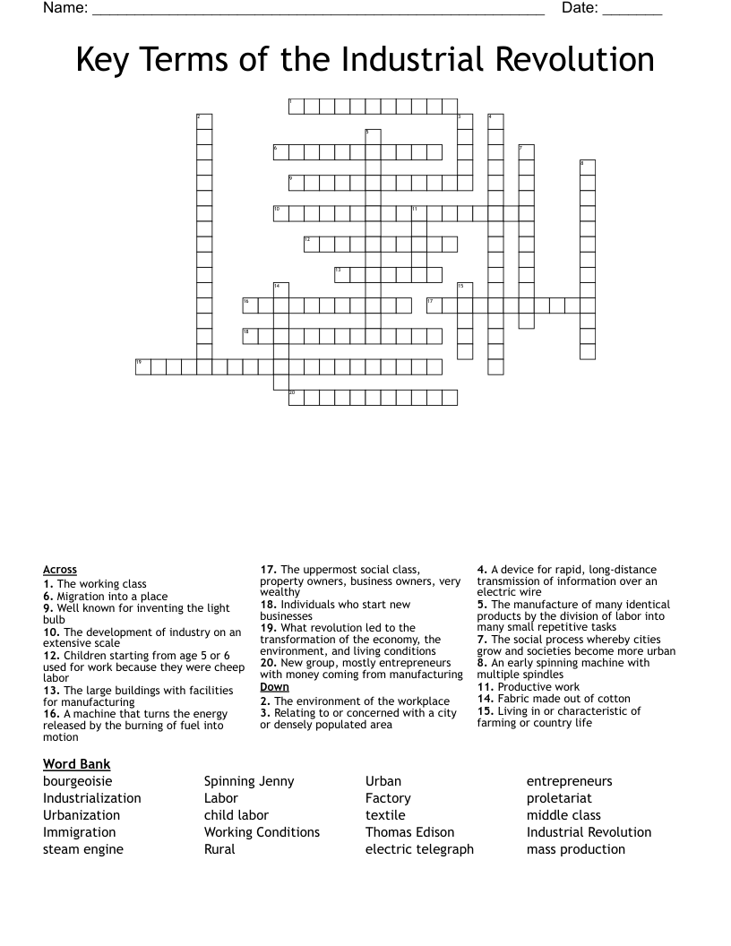 Key Terms of the Industrial Revolution Crossword