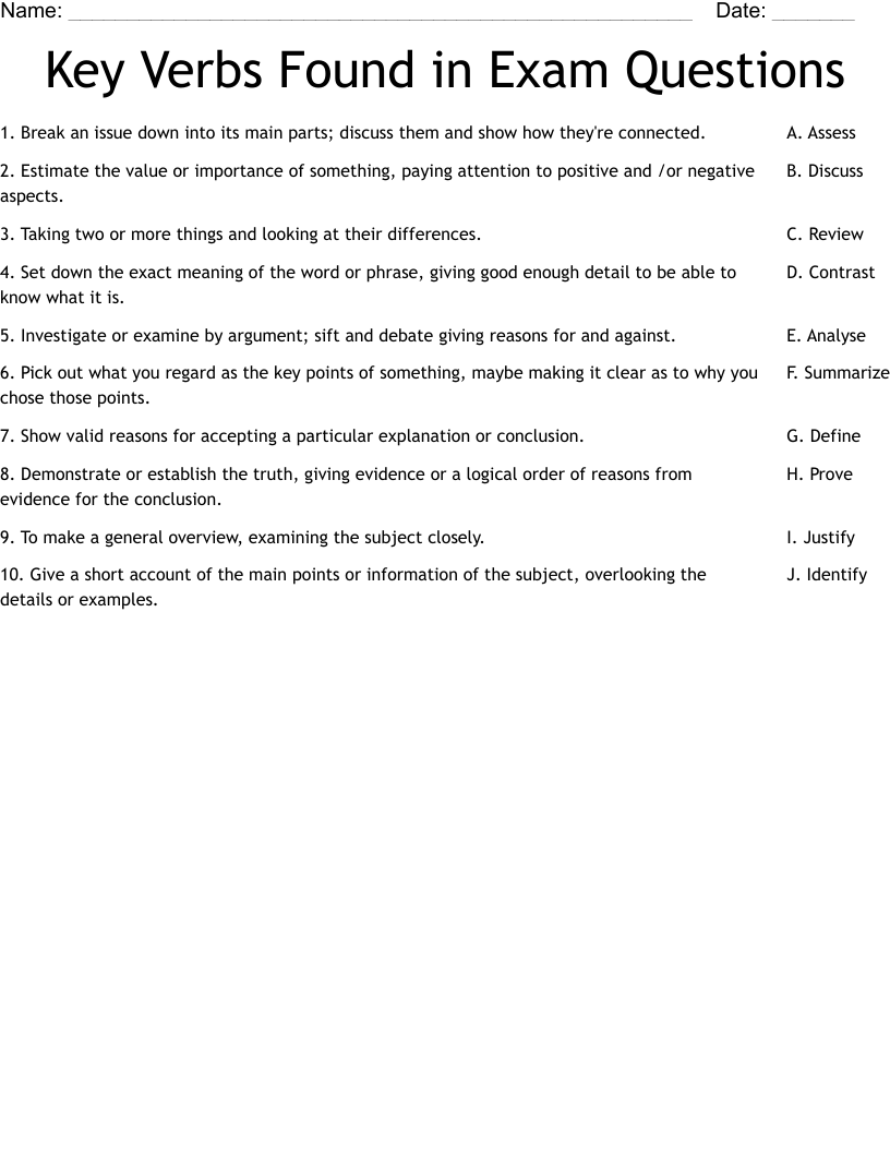 Key Verbs Found in Exam Questions Worksheet