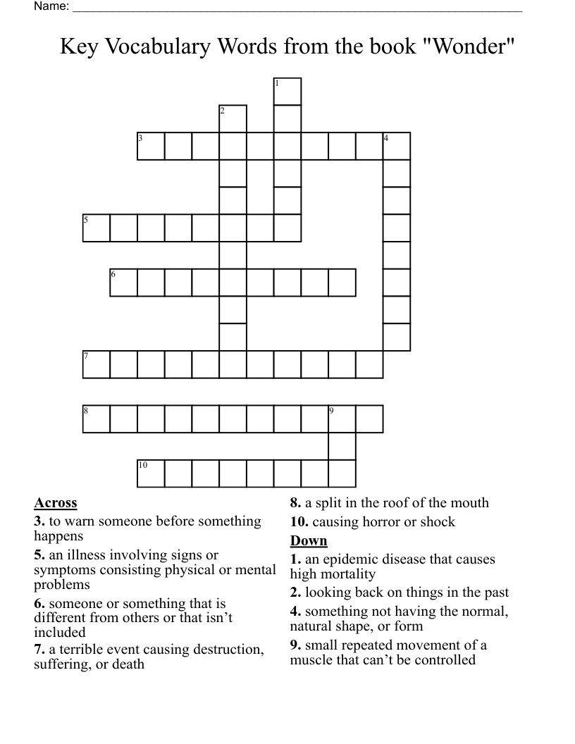 Key Vocabulary Words from the book "Wonder" Crossword