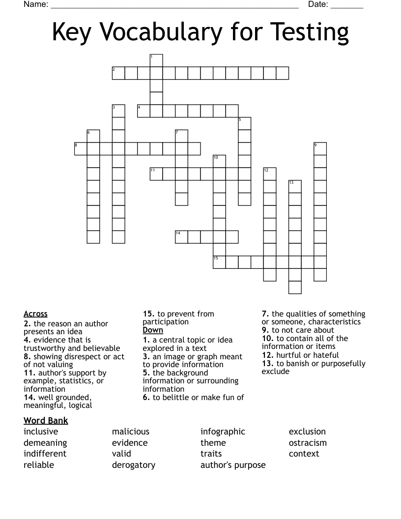 Key Vocabulary for Testing Crossword
