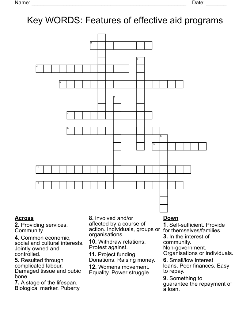 Key WORDS: Features of effective aid programs  Crossword