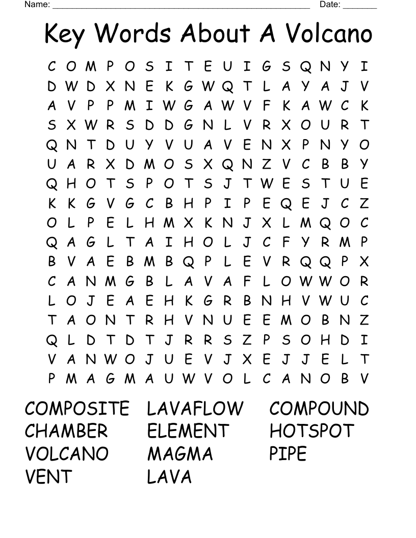 Key Words About A Volcano Word Search