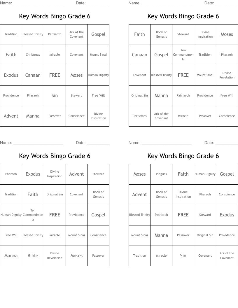 Key Words Bingo Grade 6
