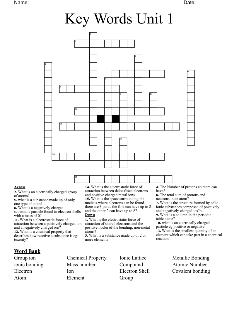Key Words Unit 1 Crossword