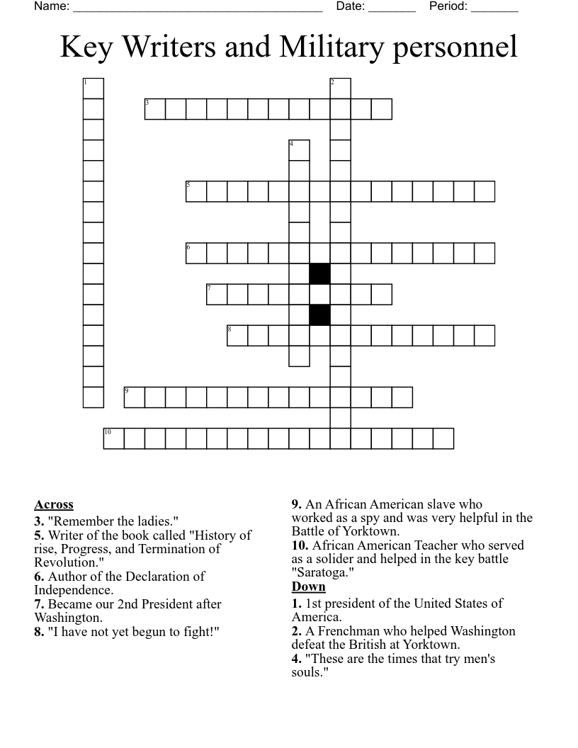 Key Writers and Military personnel Crossword