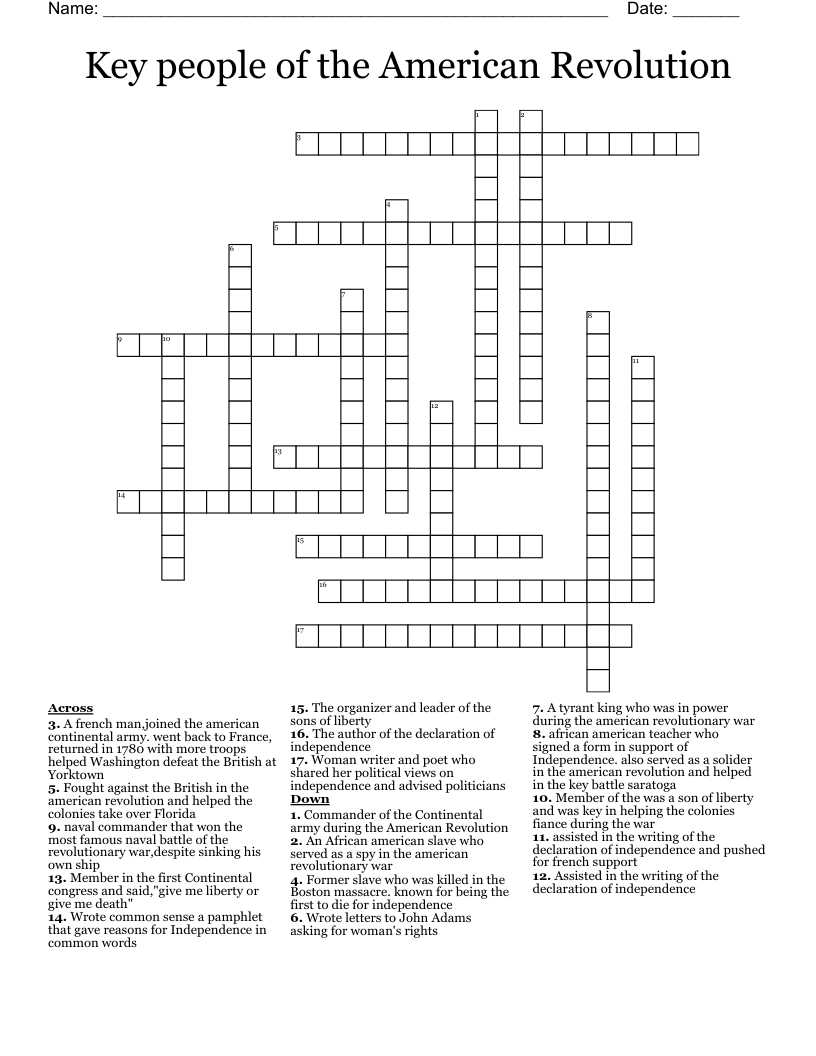 Key people of the American Revolution Crossword