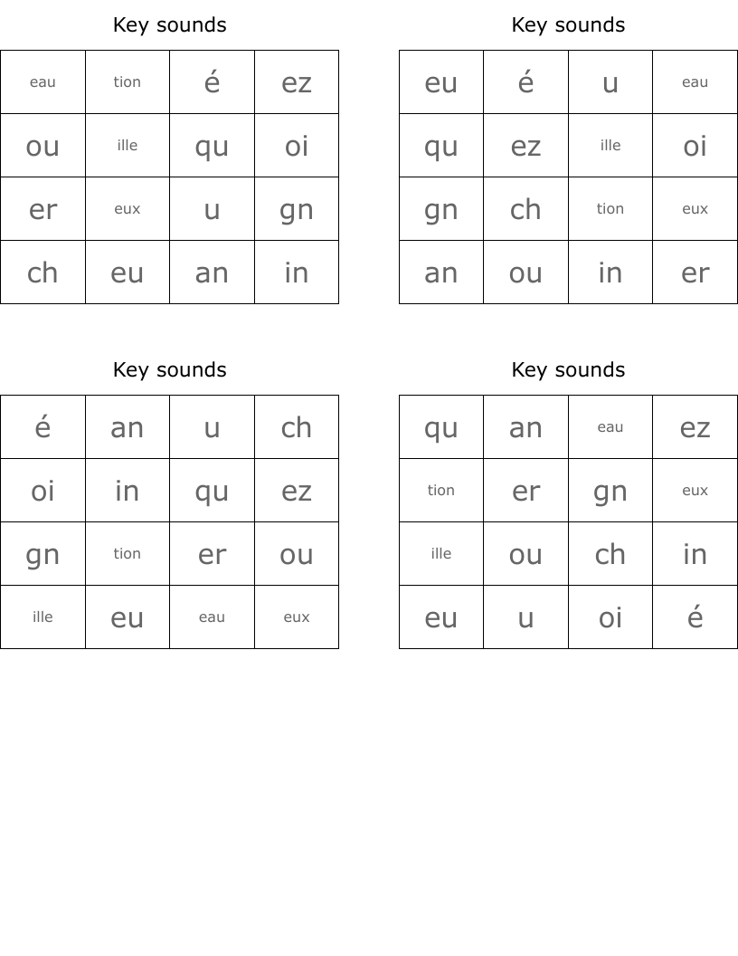 Key sounds Bingo Cards