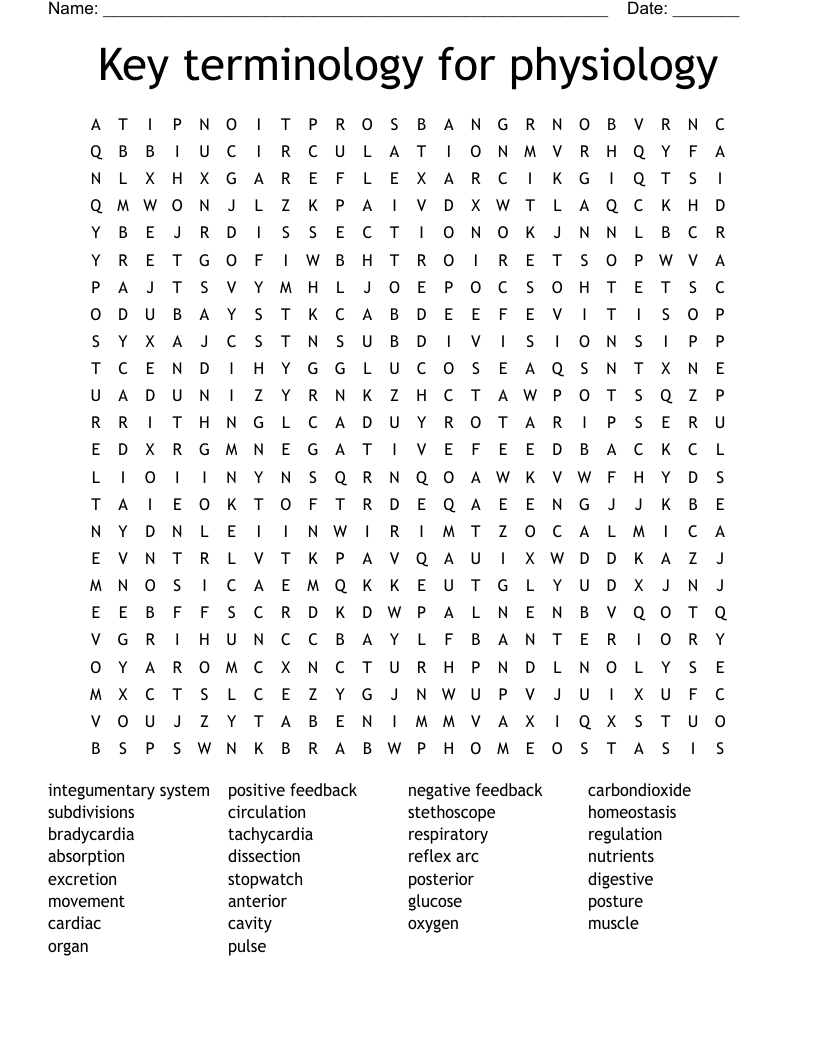 Key terminology  for physiology  Word Search