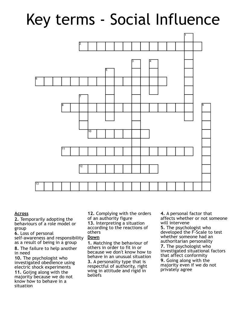 Key terms - Social Influence Crossword
