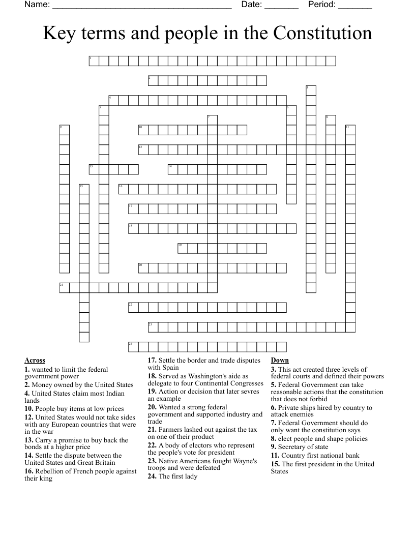 Key terms and people in the Constitution Crossword