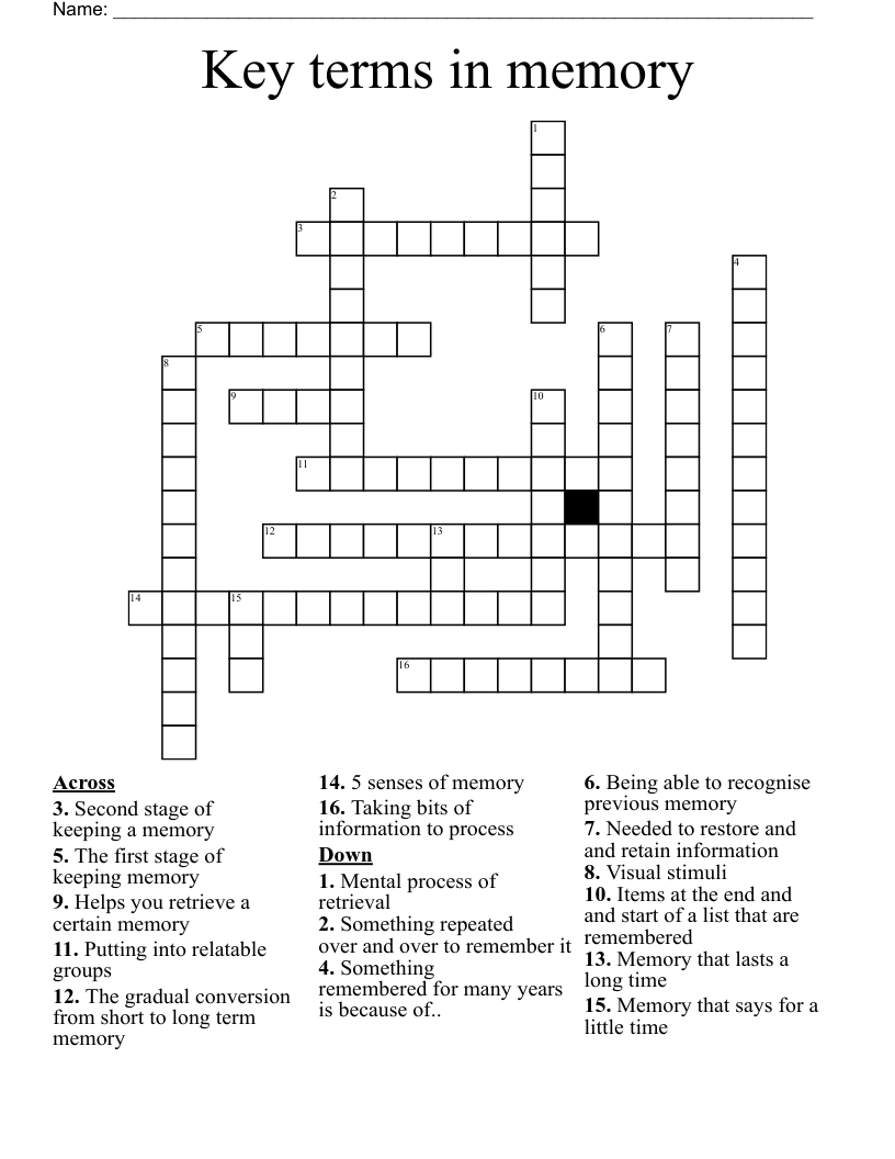 Key terms in memory Crossword