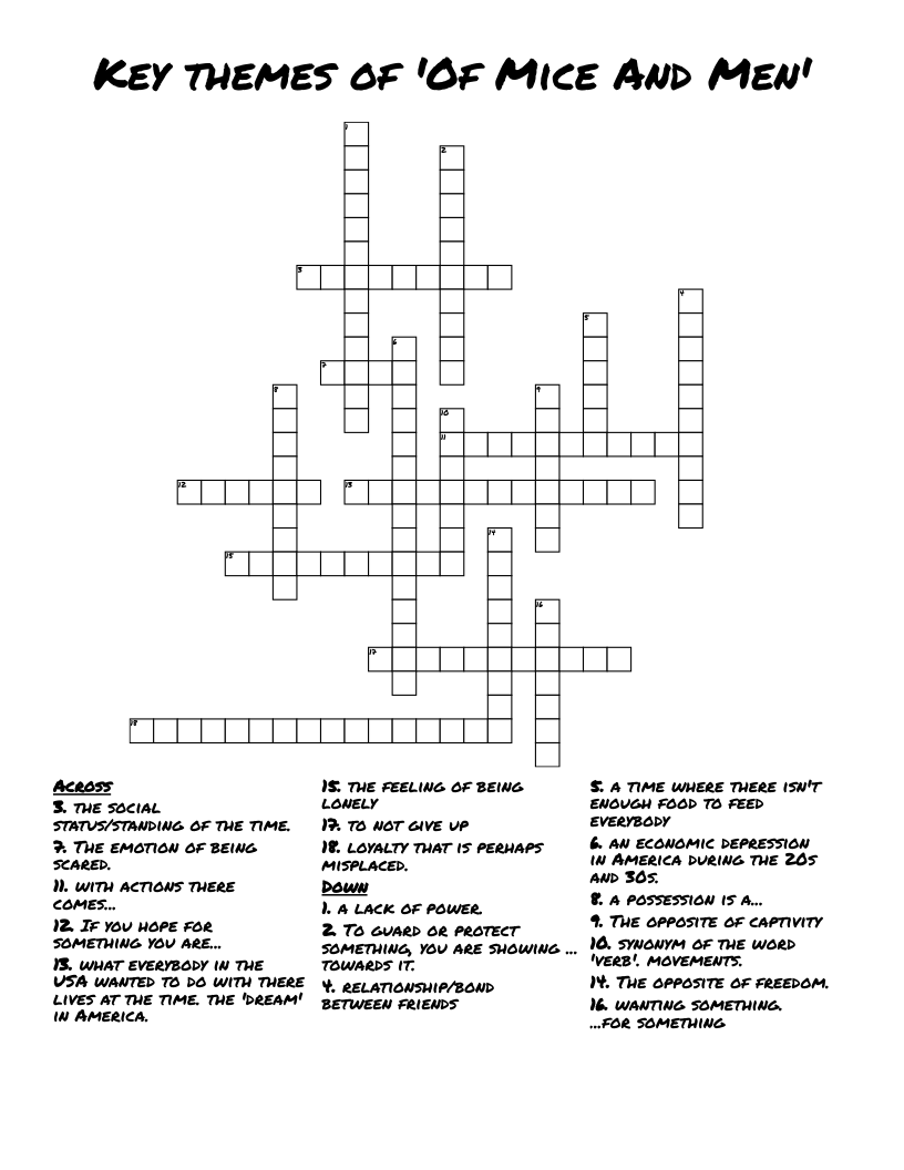 Key themes of 'Of Mice And Men' Crossword