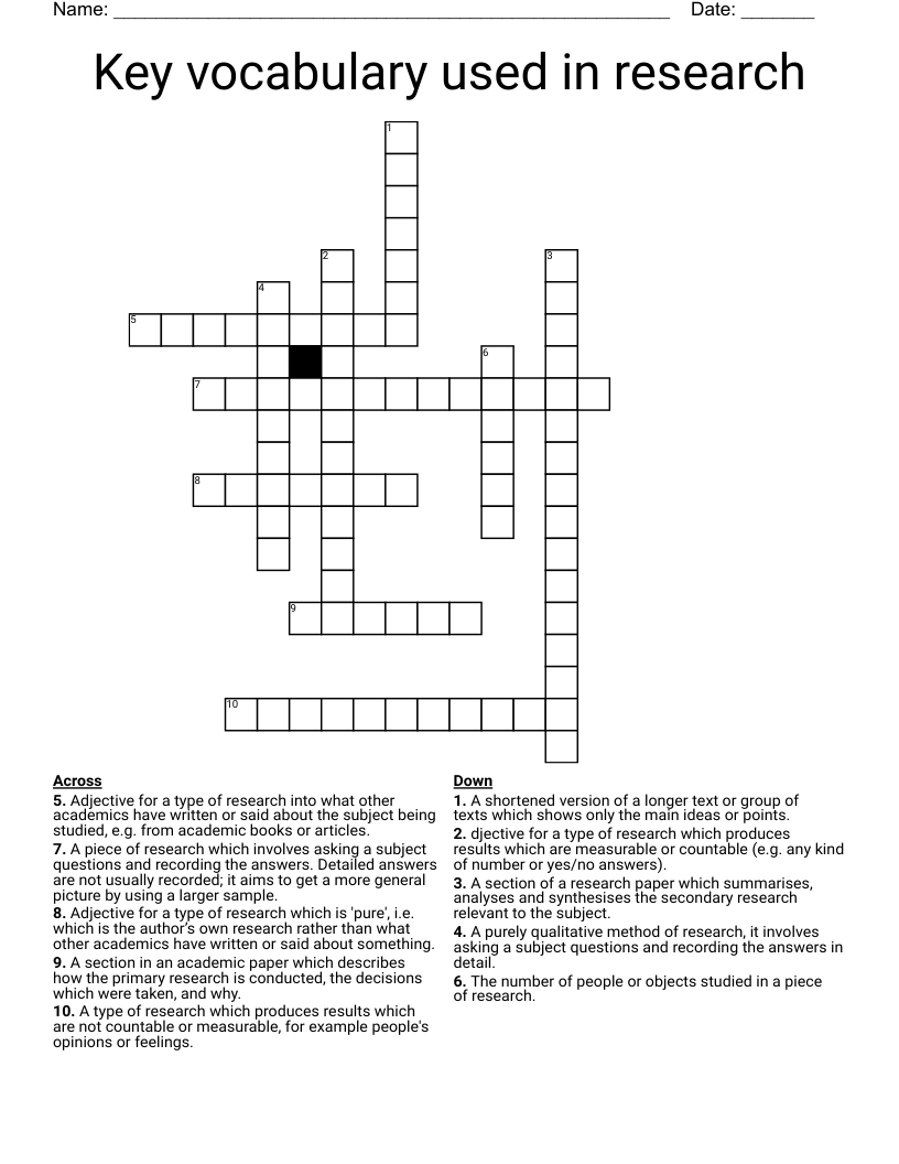 Key vocabulary used in research Crossword