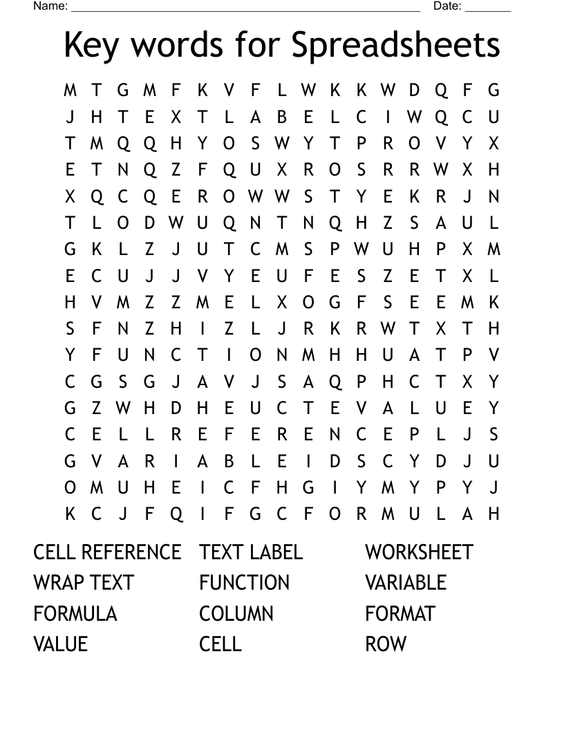 Key words for Spreadsheets Word Search