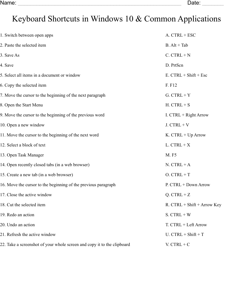 Keyboard Shortcuts in Windows 10 & Common Applications Worksheet