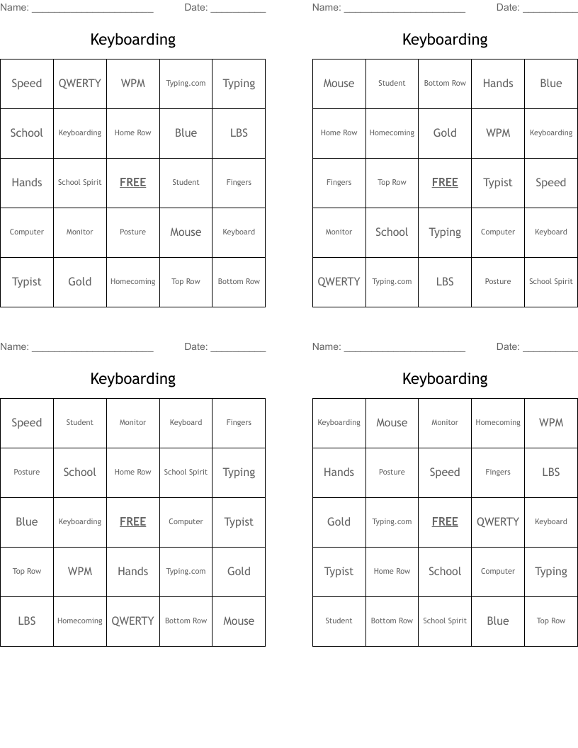 Keyboarding Bingo Cards