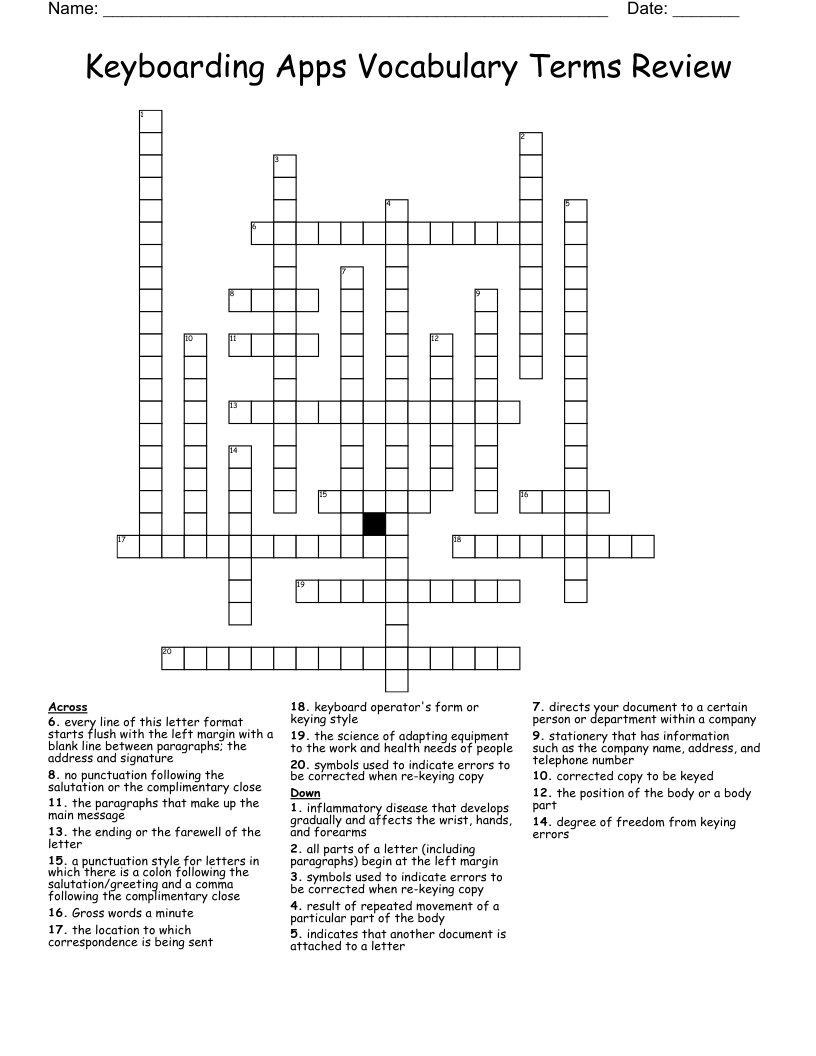 Keyboarding Apps Vocabulary Terms Review Crossword