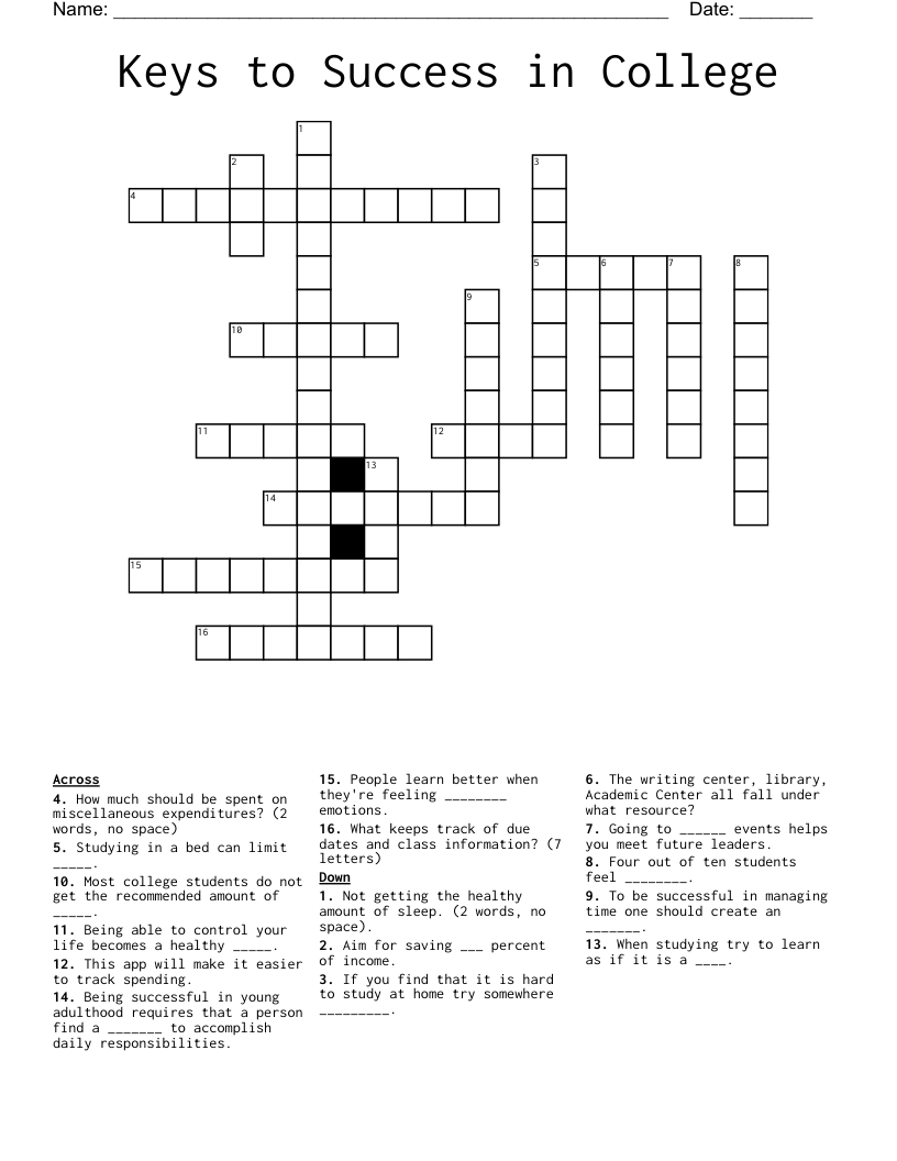 Keys to Success in College   Crossword