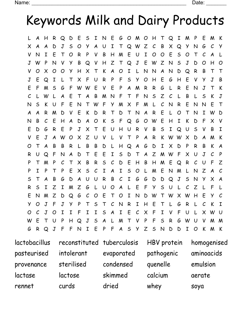 Keywords Milk and Dairy Products Word Search