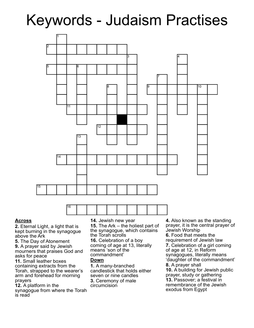 Keywords - Judaism Practises Crossword