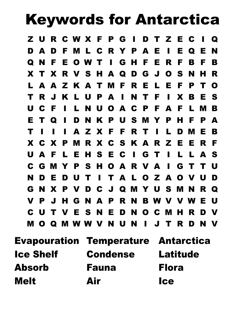 Keywords for Antarctica Word Search