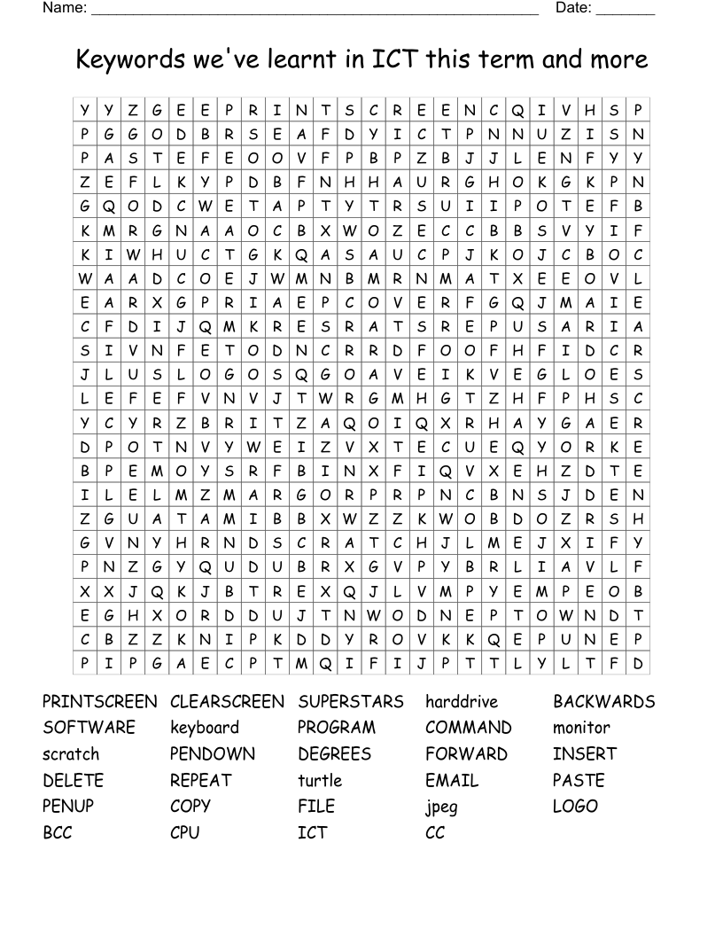 Keywords we've learnt in ICT this term and more Word Search